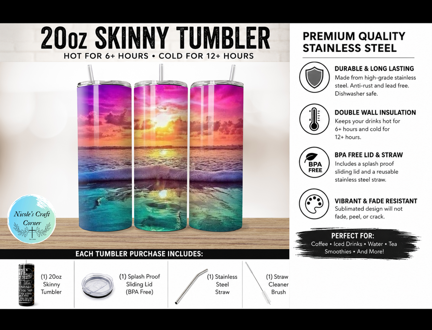 Beach Scene Colorful 20oz Skinny Tumbler Stainless Steel Travel Cup