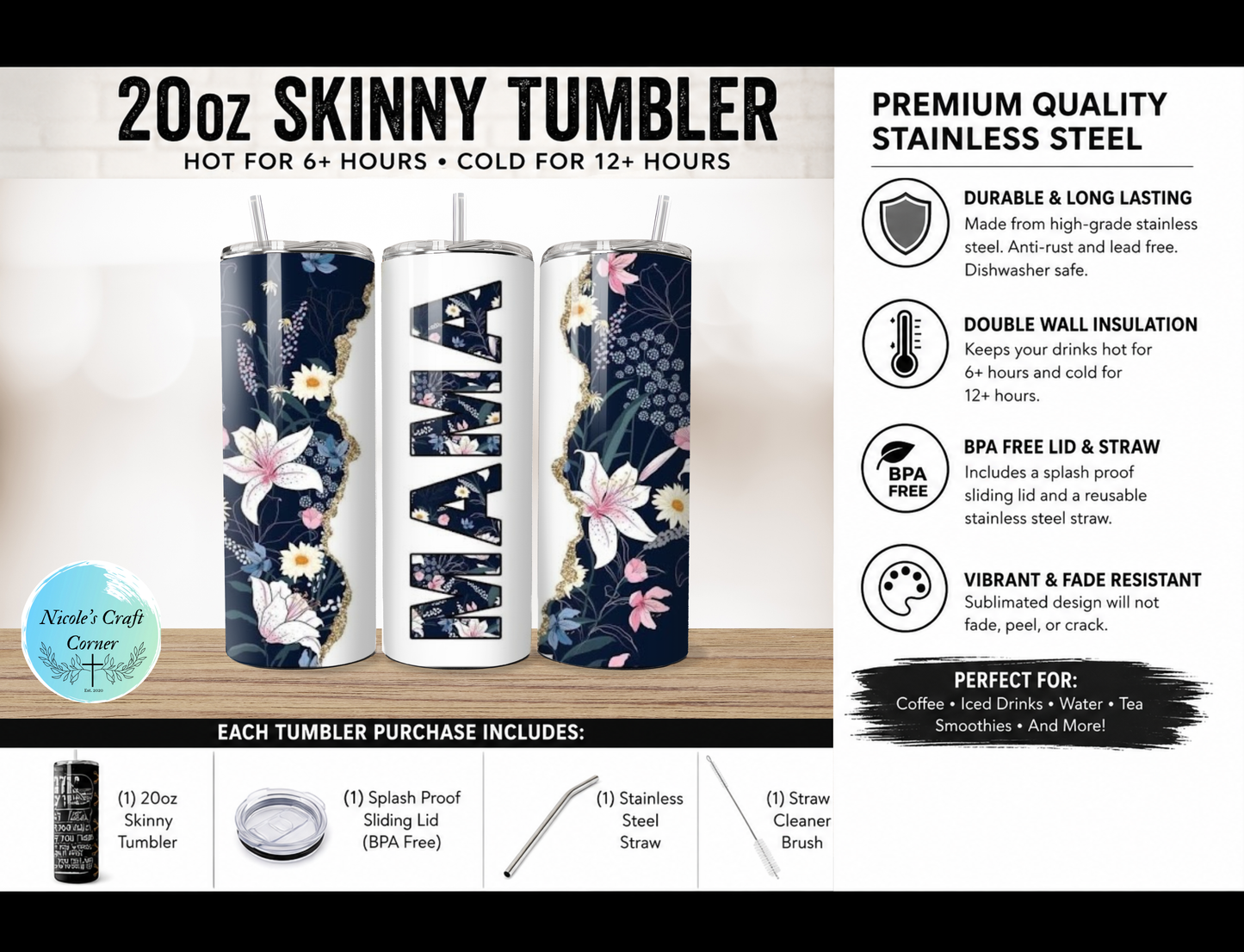 Blue Floral MAMA 20oz Skinny Tumbler Stainless Steel Travel Cup