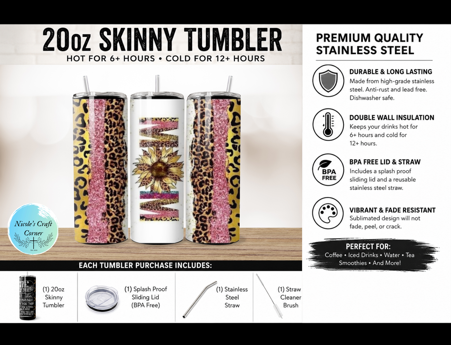 Pink Jaguar Sunflower Mom 20oz Skinny Tumbler Stainless Steel Travel Cup