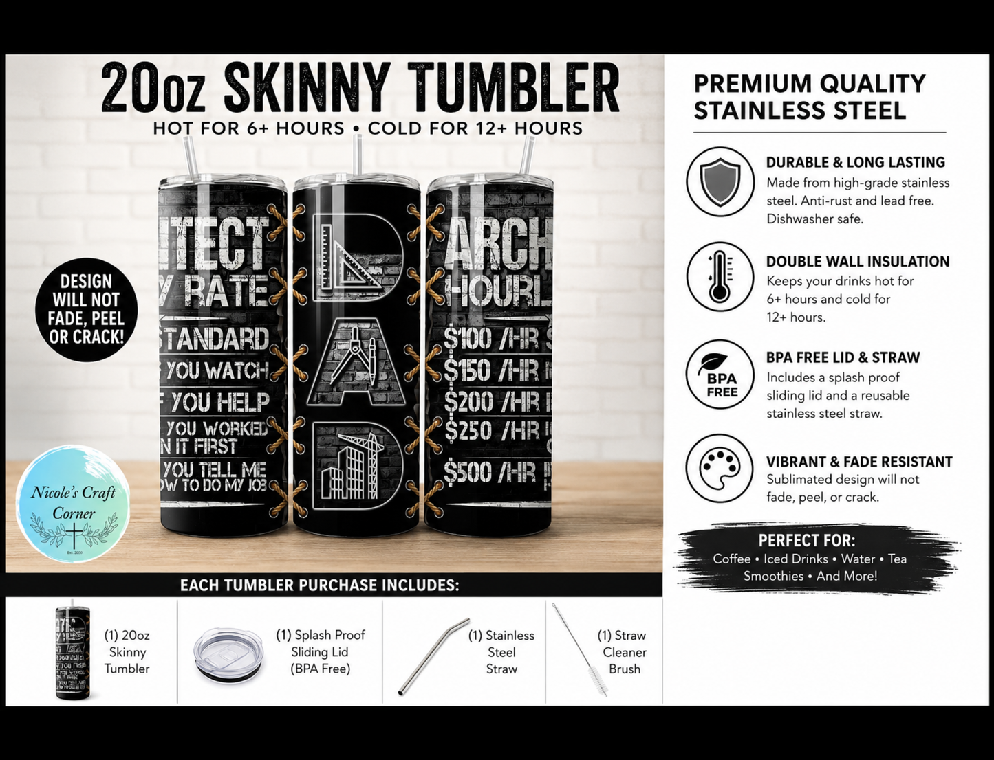 Dad Architect 20oz Skinny Tumbler | Funny Architect Gift | Fatherâs Day Gift for Dad | Stainless Steel Travel Cup