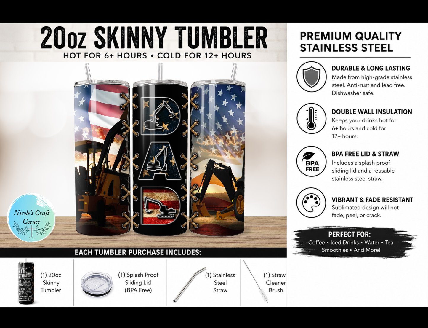 American Flag- Excavator DAD 20oz Skinny Tumbler | Father’s Day Gift for Dad | Stainless Steel Travel Cup