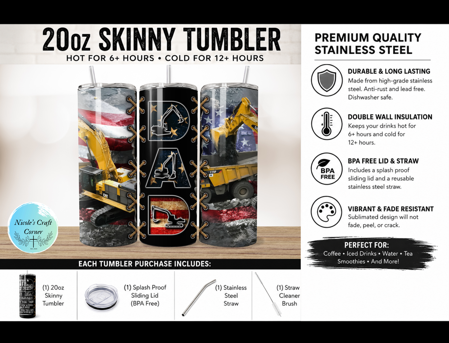 Construction Truck DAD 20oz Skinny Tumbler | Father’s Day Gift for Dad | Stainless Steel Travel Cup