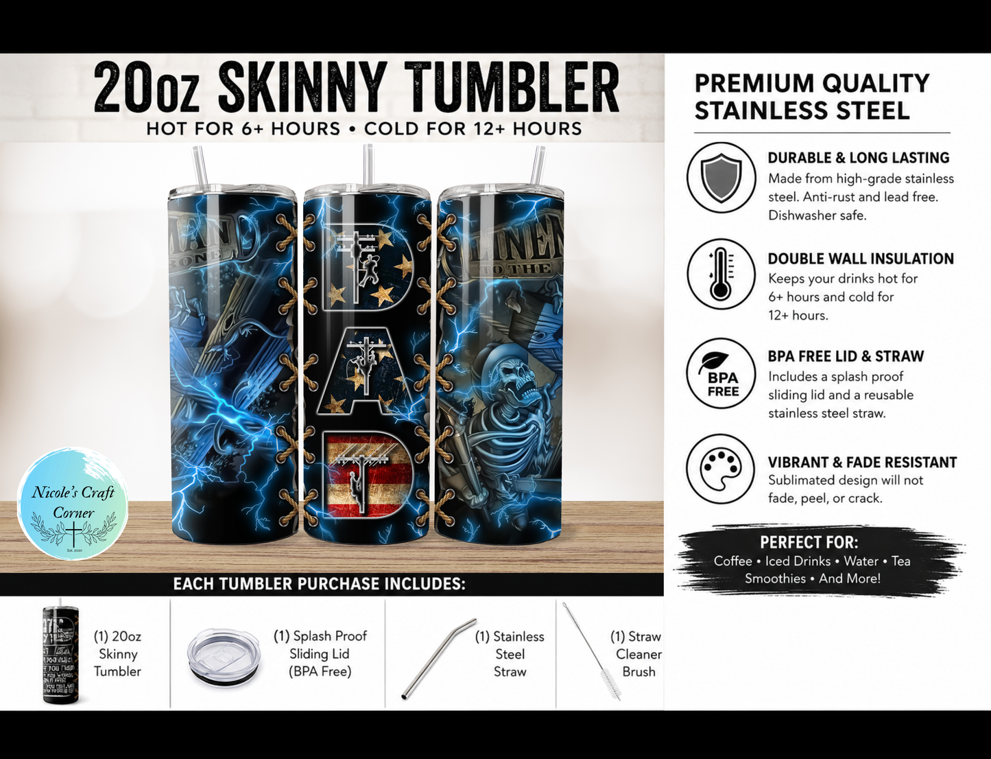 Blue Lightning Lineman DAD 20oz Skinny Tumbler | Father’s Day Gift for Dad | Stainless Steel Travel Cup
