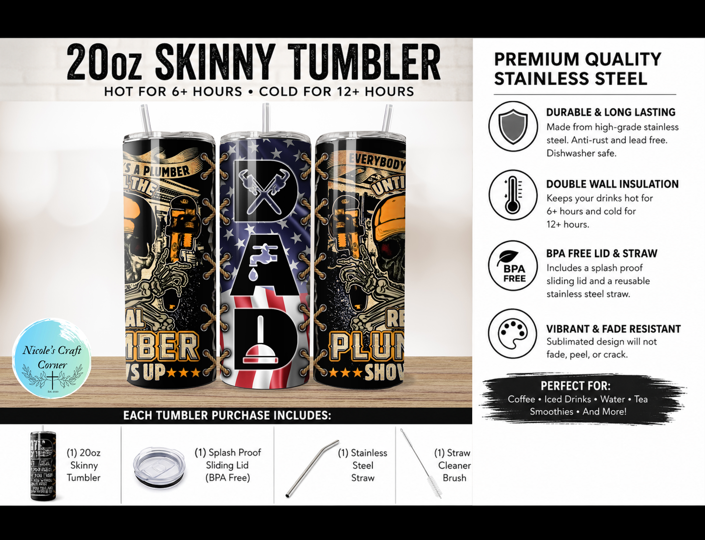 Funny Plumber DAD 20oz Skinny Tumbler | Father’s Day Gift for Dad | Stainless Steel Travel Cup