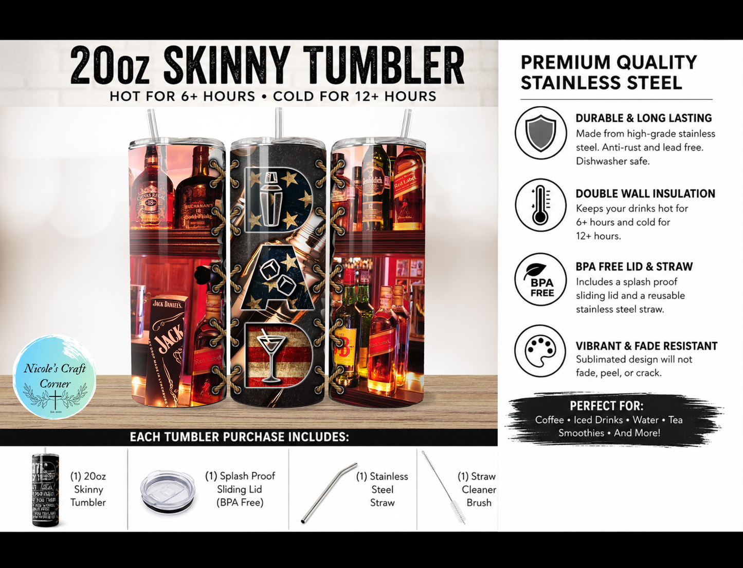 Bartender Bottles DAD 20oz Skinny Tumbler | Father’s Day Gift for Dad | Stainless Steel Travel Cup
