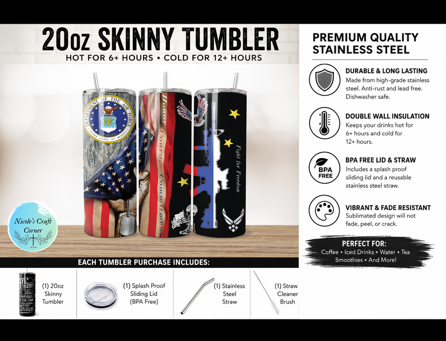 Air Force American 20oz Skinny Tumbler Stainless Steel Travel Cup