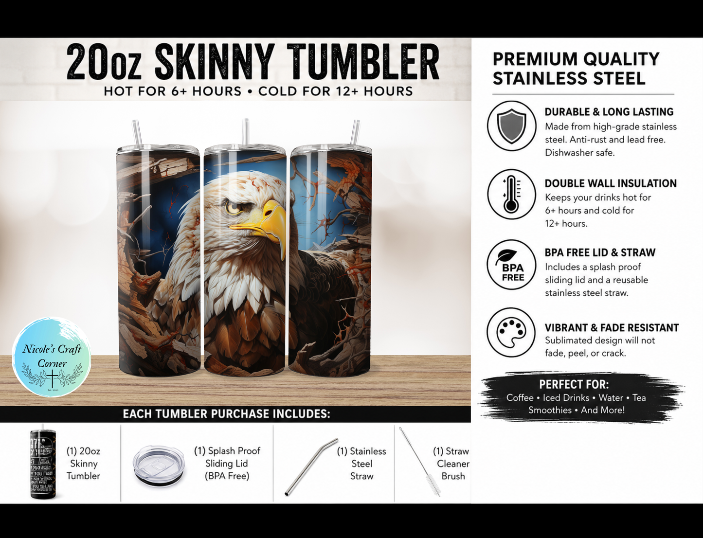 American Eagle 20oz Skinny Tumbler Stainless Steel Travel Cup
