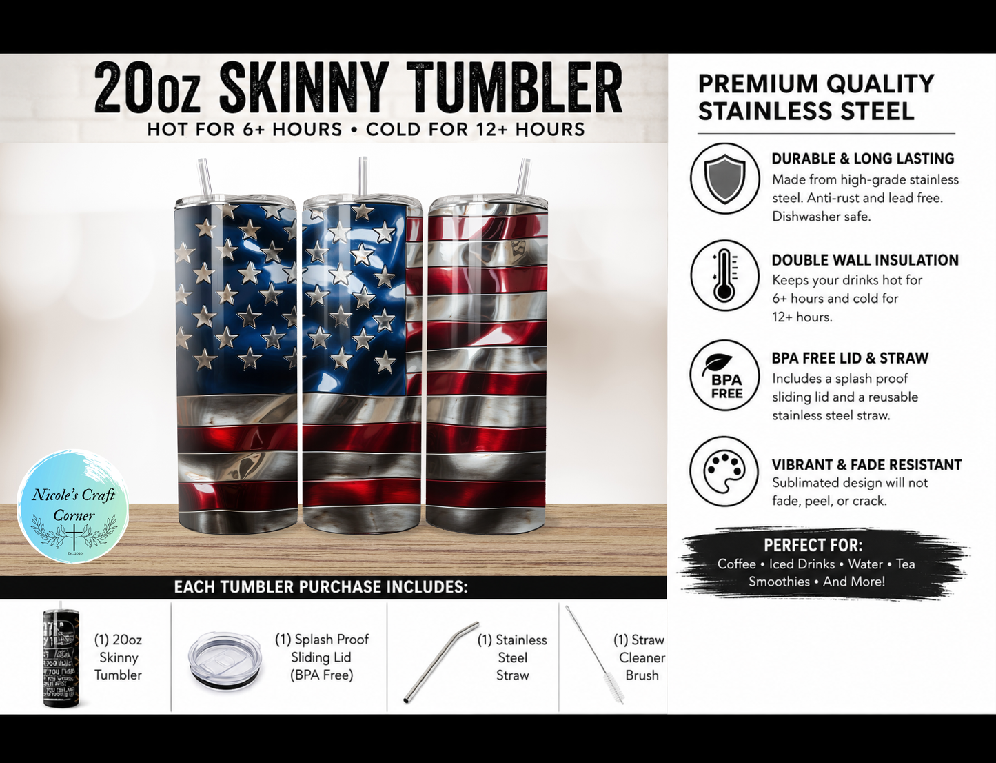 American Flag 20oz Skinny Tumbler Stainless Steel Travel Cup