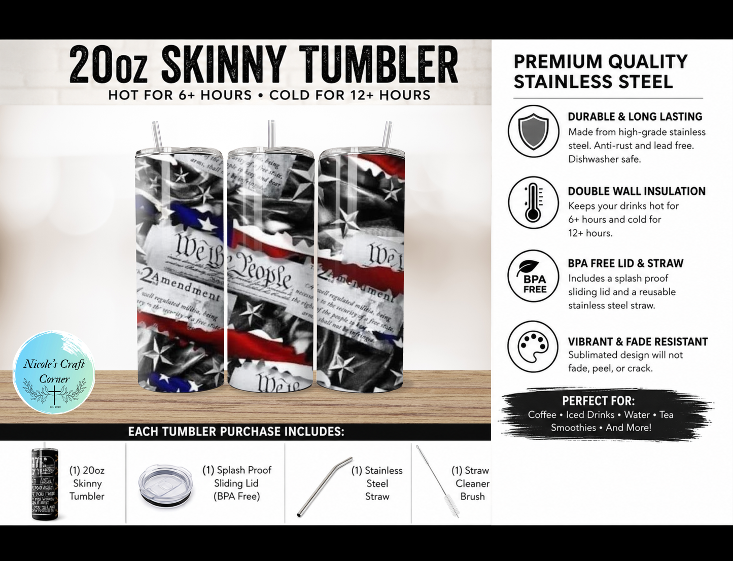 "We the People" American Flag 20oz Skinny Tumbler Stainless Steel Travel Cup