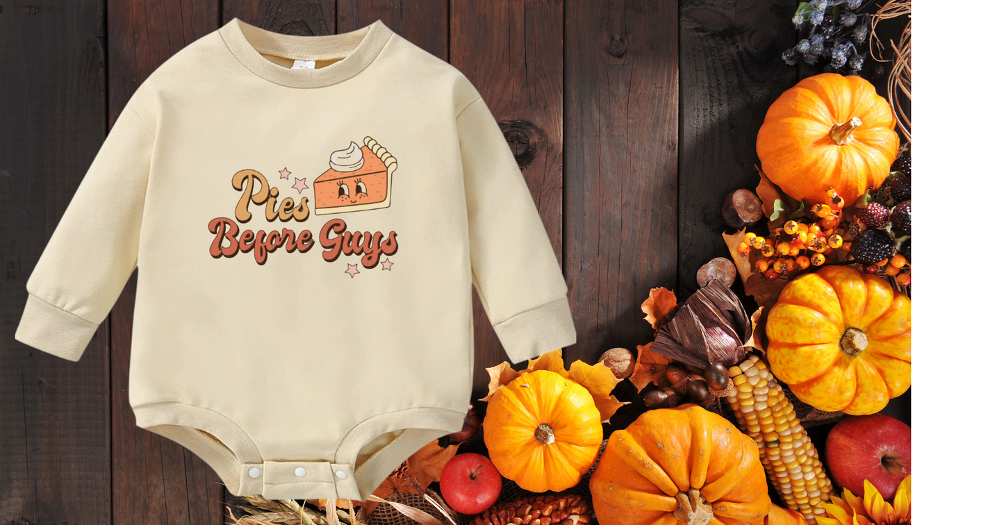 Thanksgiving Baby Rompers, Thick thighs and Pumpkin Pies, Here for the Pie, Pies before Guys, Fall baby romper