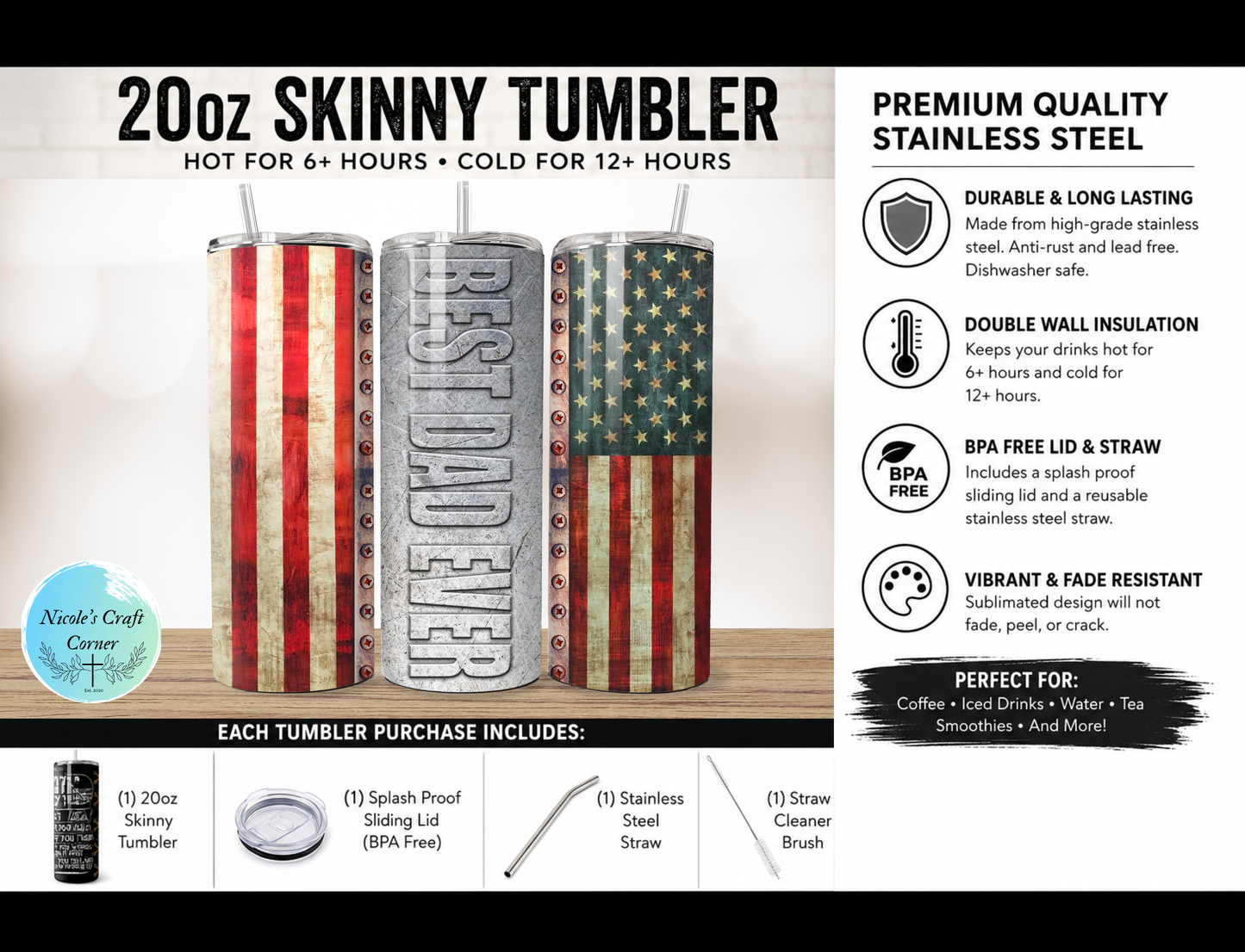 Greatest Dad Limited Edition  Rustic American Flag  20oz Skinny Tumbler | Father’s Day Gift for Dad | Stainless Steel Travel Cup