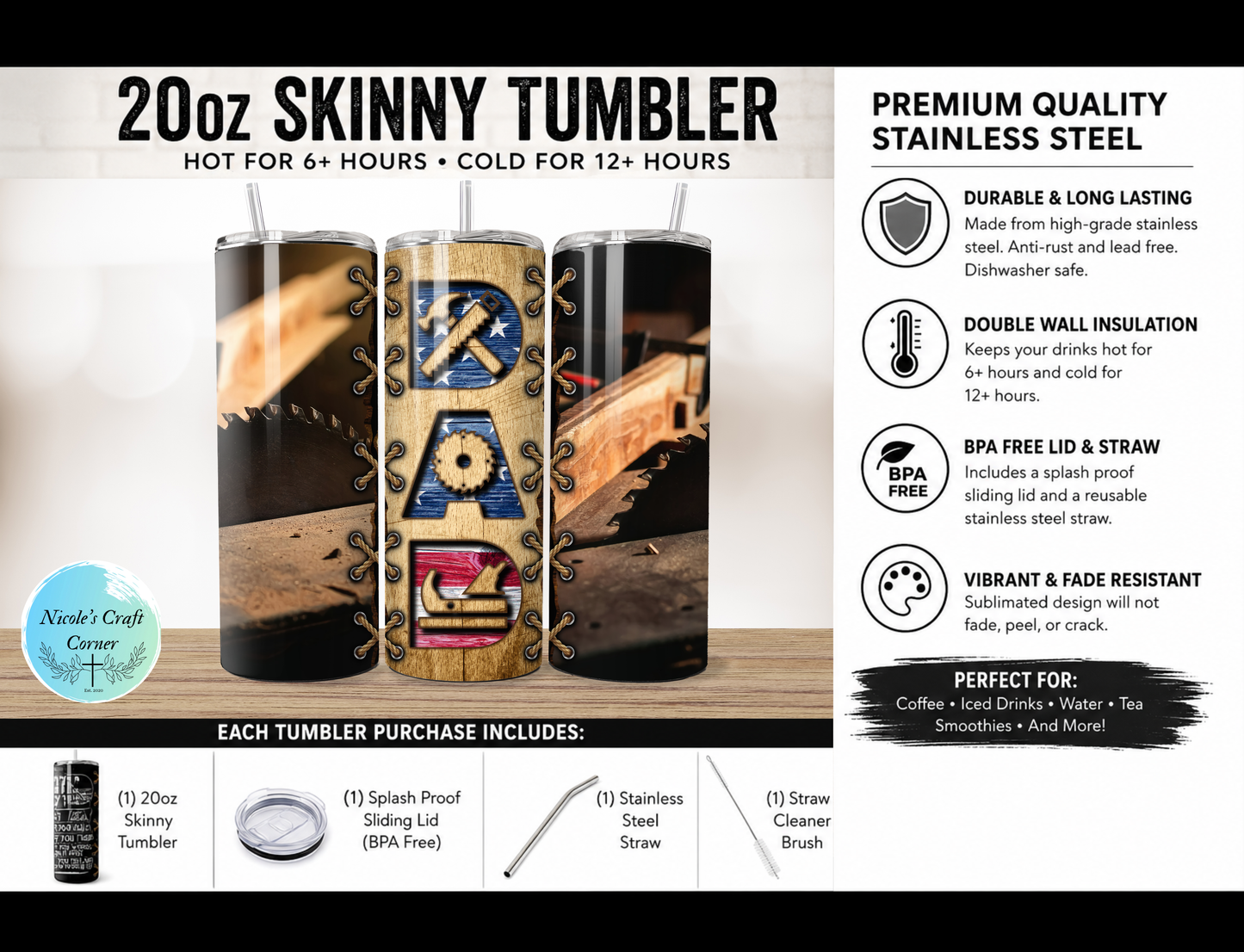 Woodworking DAD 20oz Skinny Tumbler | Father’s Day Gift for Dad | Stainless Steel Travel Cup