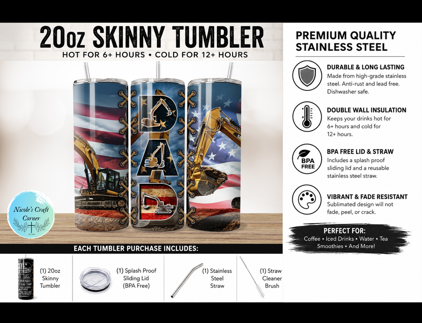 Construction DAD 20oz Skinny Tumbler | Father’s Day Gift for Dad | Stainless Steel Travel Cup