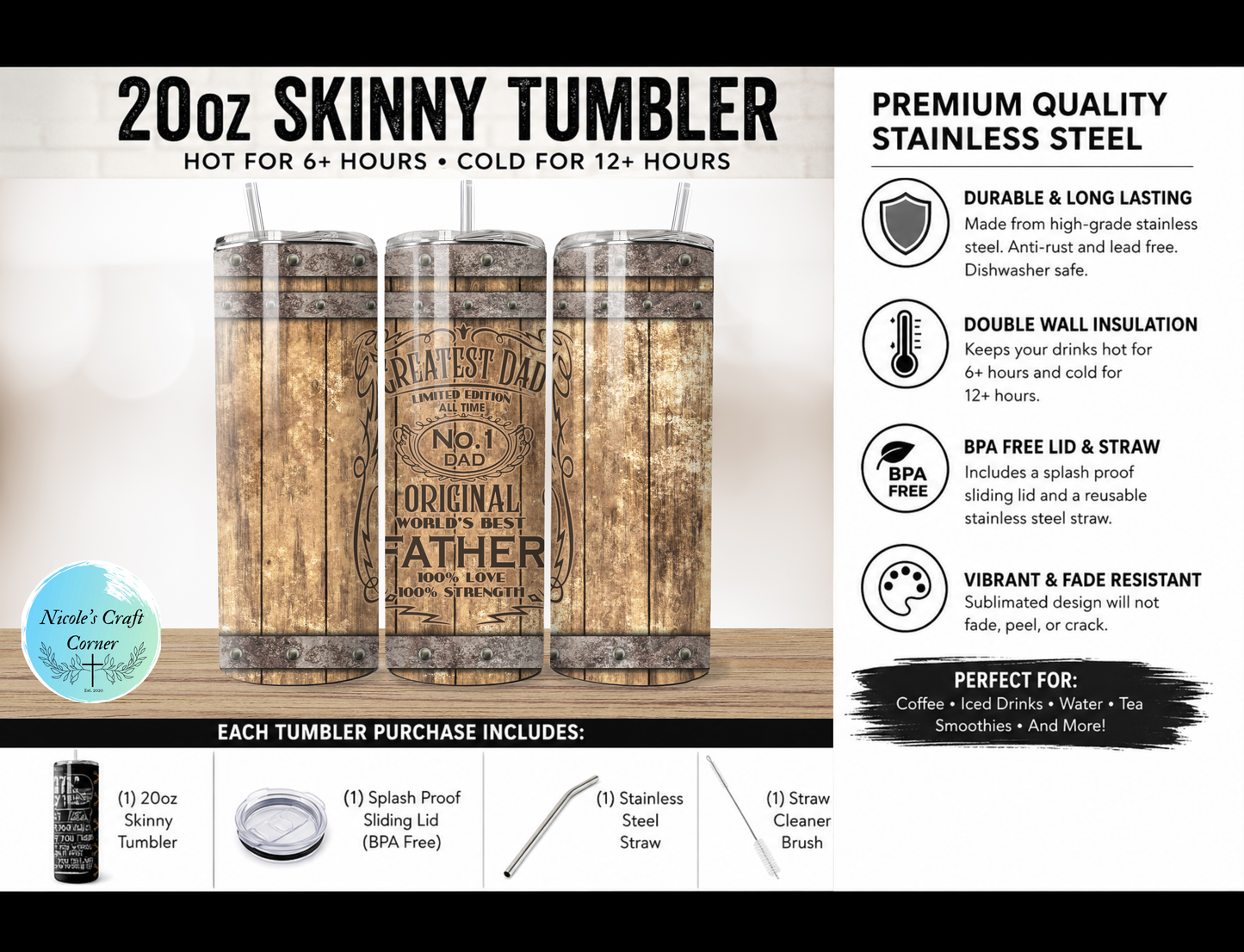 Greatest Dad Limited Edition Rustic Light Wood Barrel 20oz Skinny Tumbler | Father’s Day Gift for Dad | Stainless Steel Travel Cup