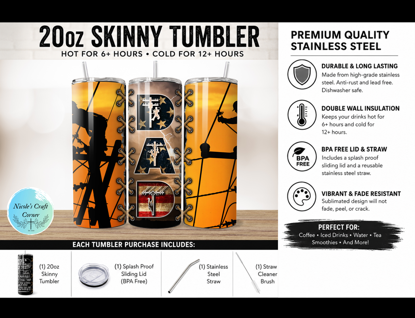 Lineman Skies DAD  20oz Skinny Tumbler | Father’s Day Gift for Dad | Stainless Steel Travel Cup