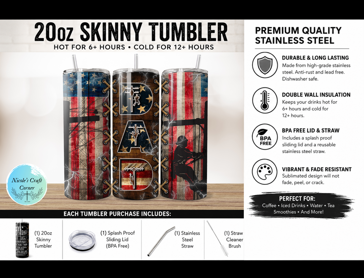 American Flag Lineman DAD  20oz Skinny Tumbler | Father’s Day Gift for Dad | Stainless Steel Travel Cup
