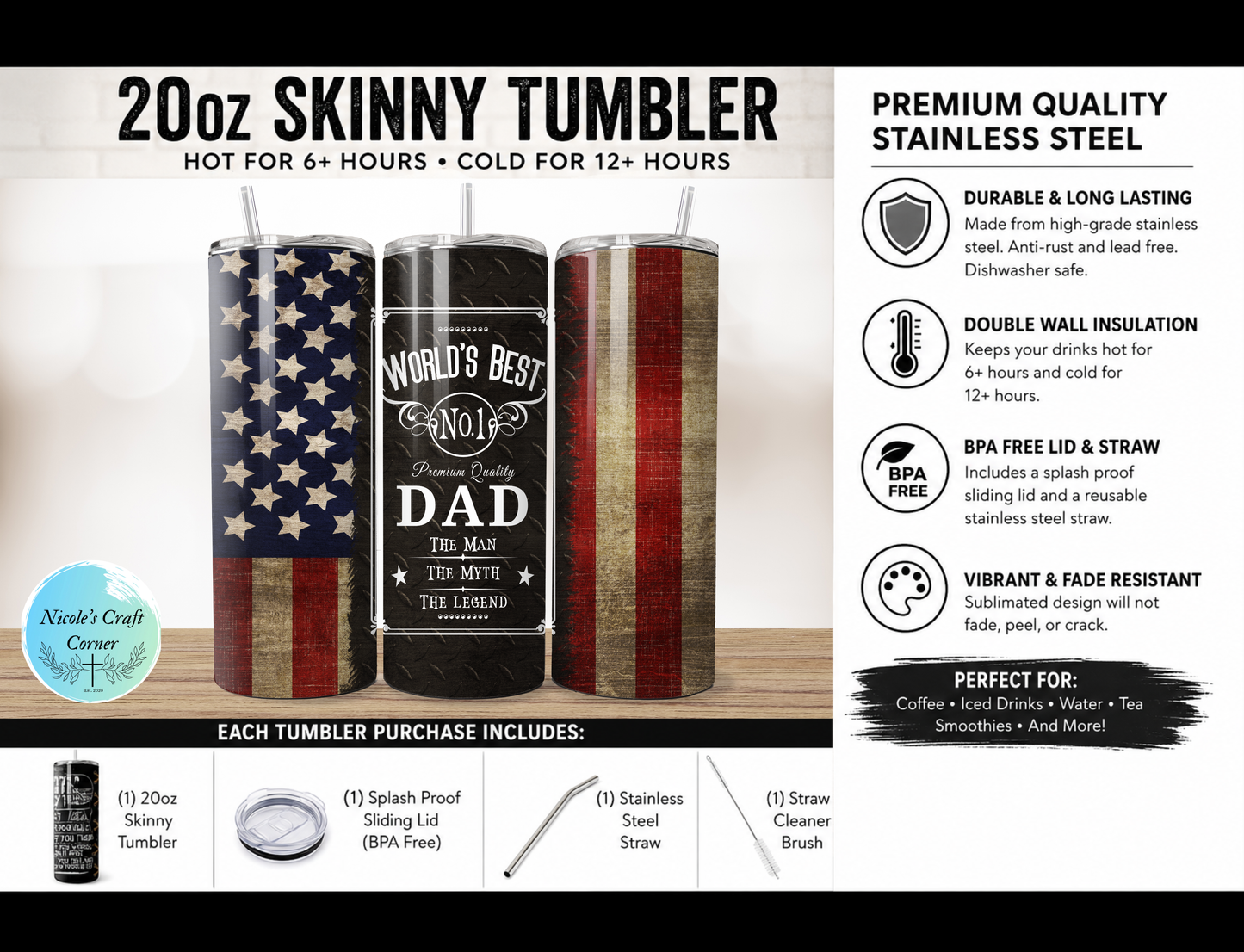Worlds Best Dad American Flag 20oz Skinny Tumbler | Father’s Day Gift for Dad | Stainless Steel Travel Cup