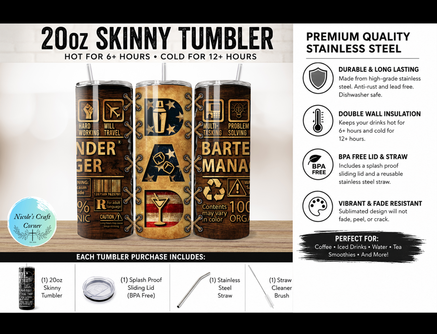 Bartender DAD  20oz Skinny Tumbler | Father’s Day Gift for Dad | Stainless Steel Travel Cup