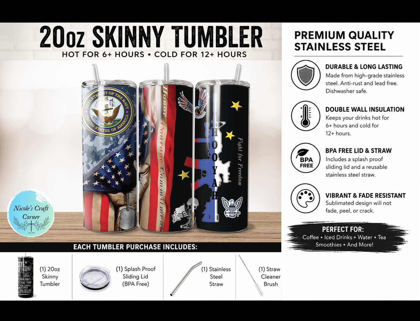 Navy American 20oz Skinny Tumbler Stainless Steel Travel Cup