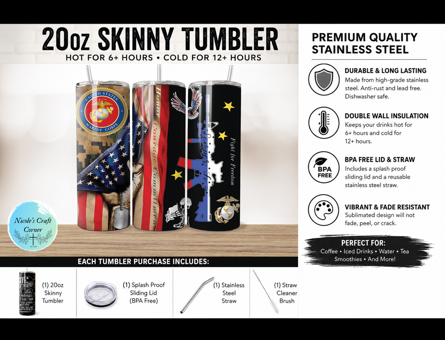 Marine Corps American 20oz Skinny Tumbler Stainless Steel Travel Cup