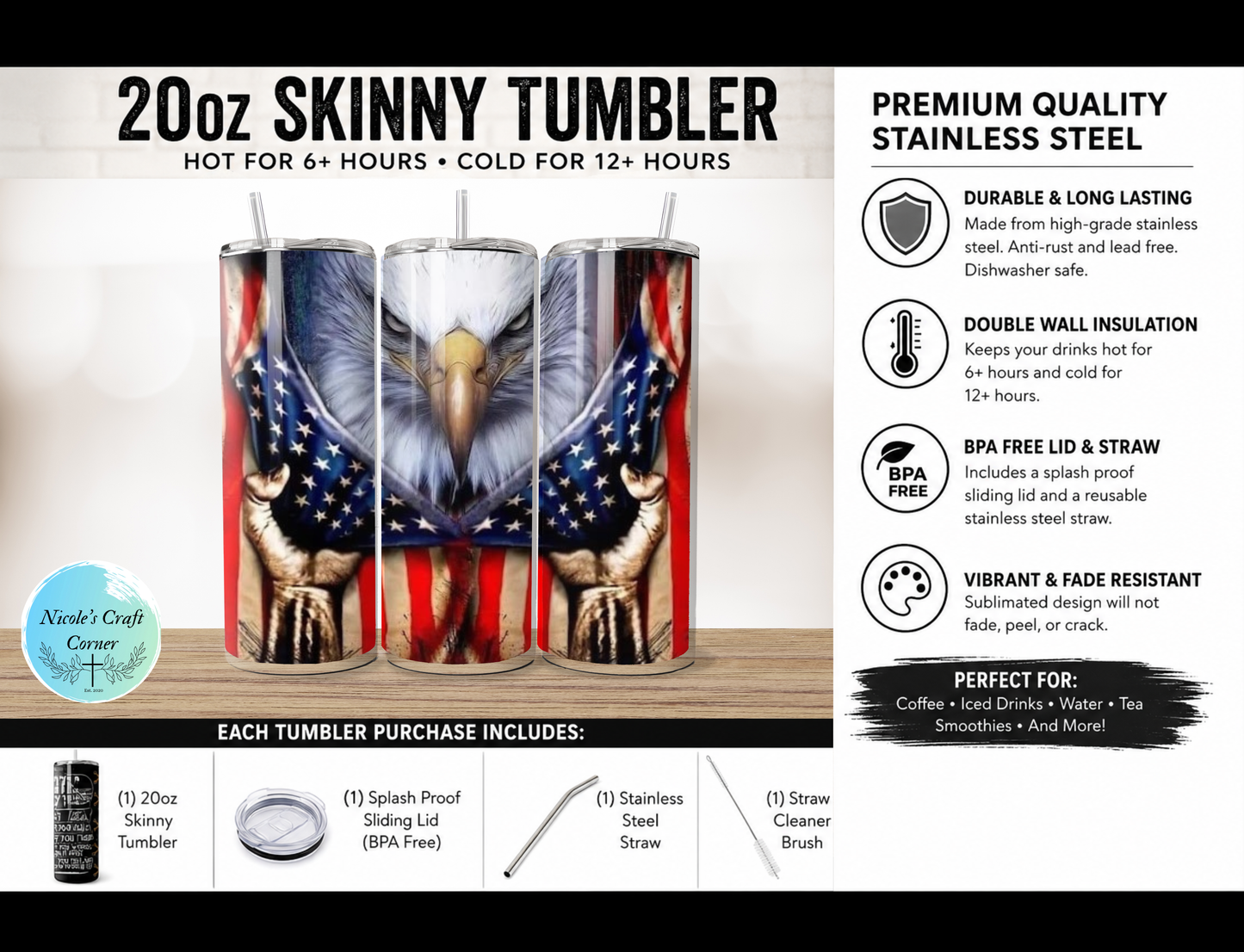 Eagle and American Flag 20oz Skinny Tumbler Stainless Steel Travel Cup