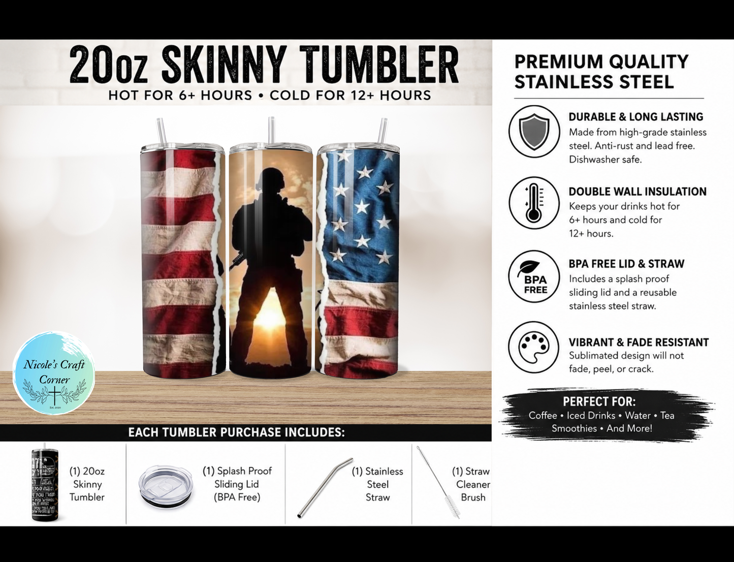 American Soldier Flag 20oz Skinny Tumbler Stainless Steel Travel Cup