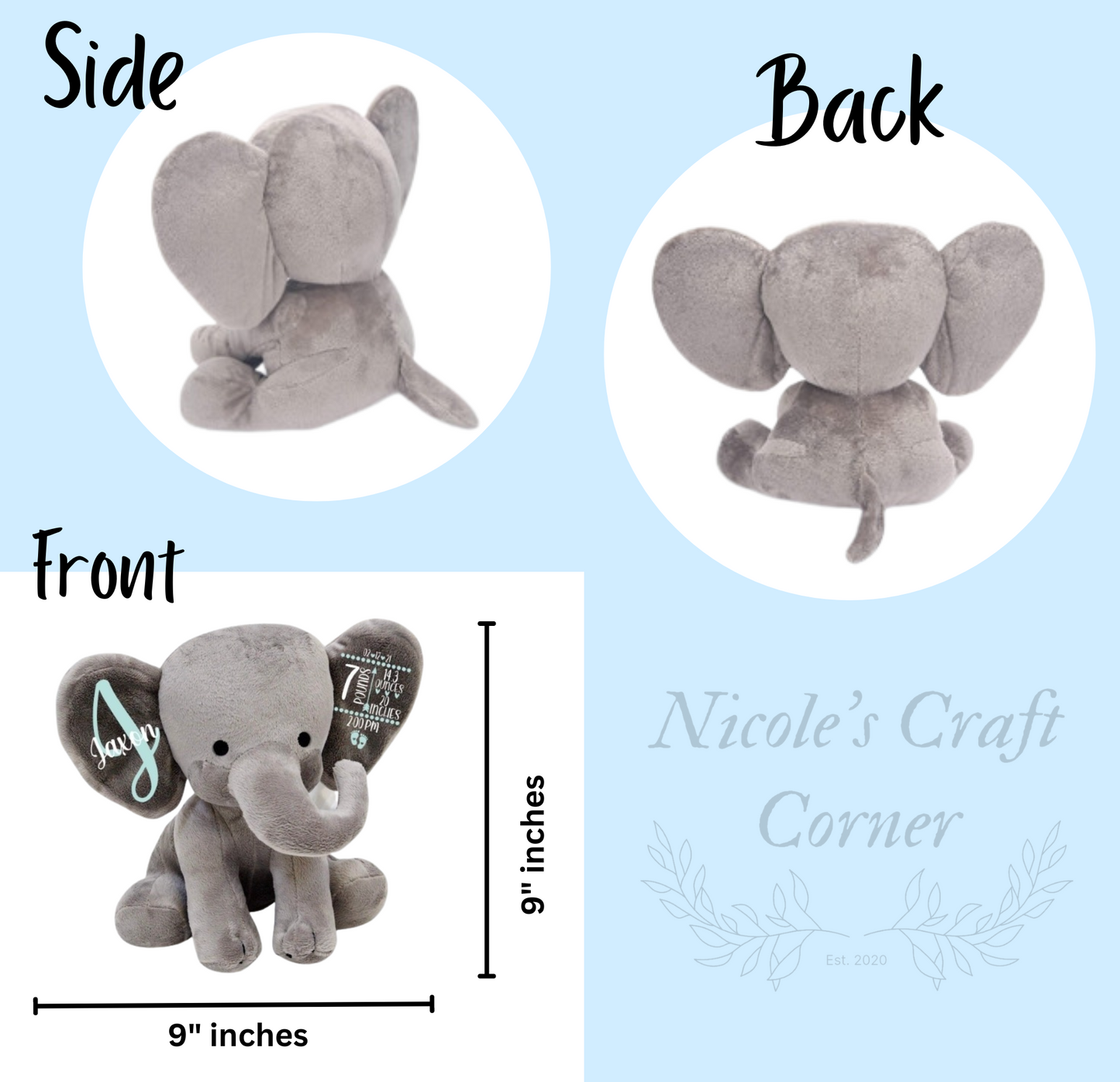 Baby Birth Stat Stuffed Elephants, Pink or Gray