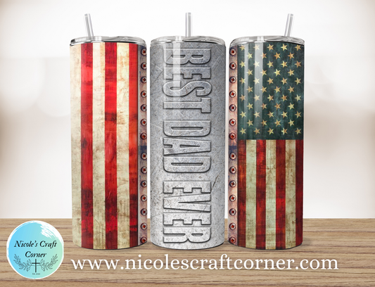 Rustic American Flag Best Dad Ever 20oz Skinny Tumbler | Father’s Day Gift for Dad | Stainless Steel Travel Cup