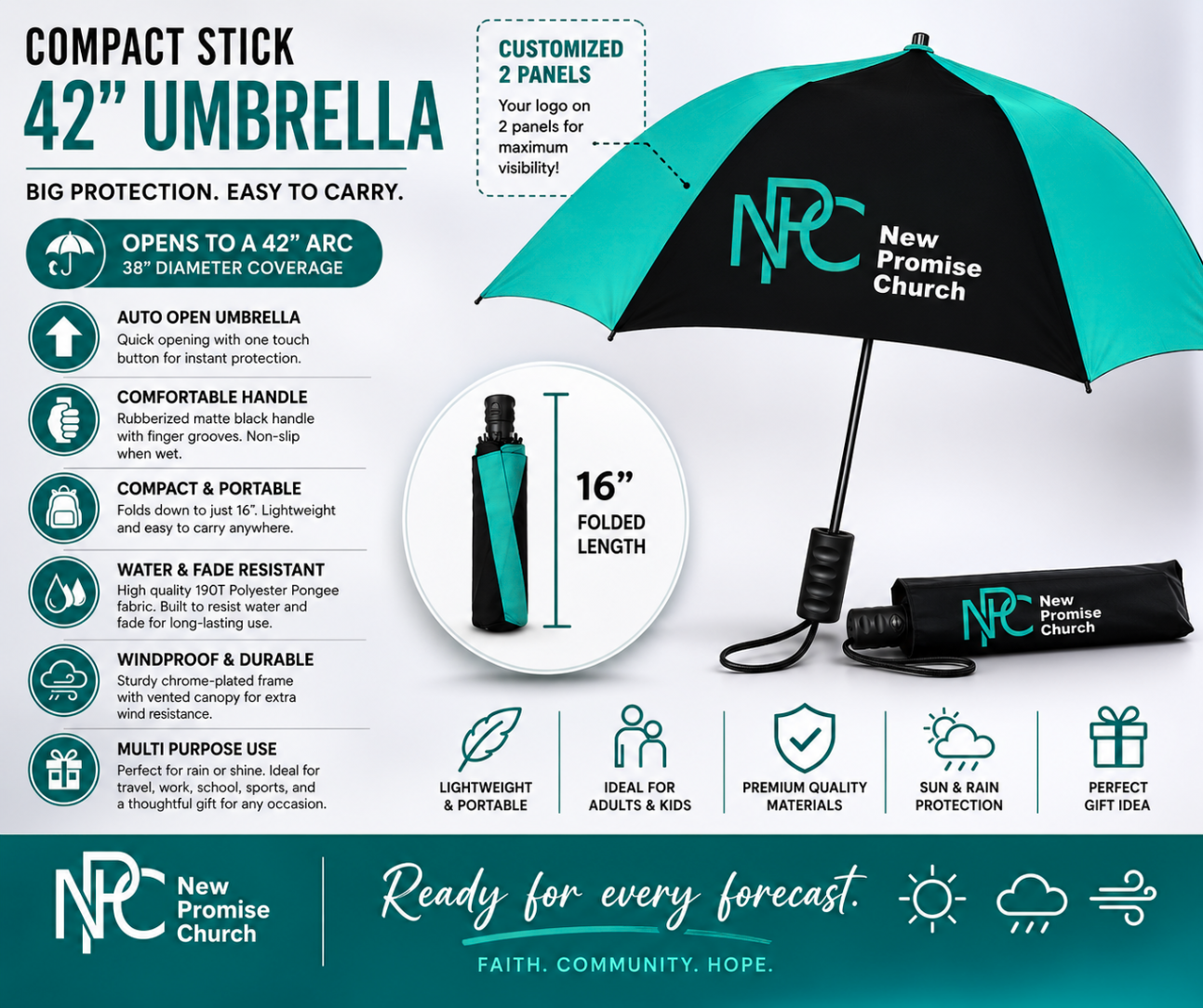 New Promise Church Compact Stick Umbrella – 42" Auto Open Travel Umbrella