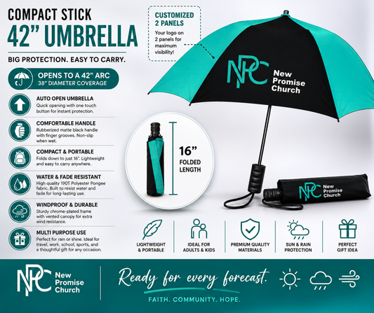New Promise Church Compact Stick Umbrella – 42" Auto Open Travel Umbrella