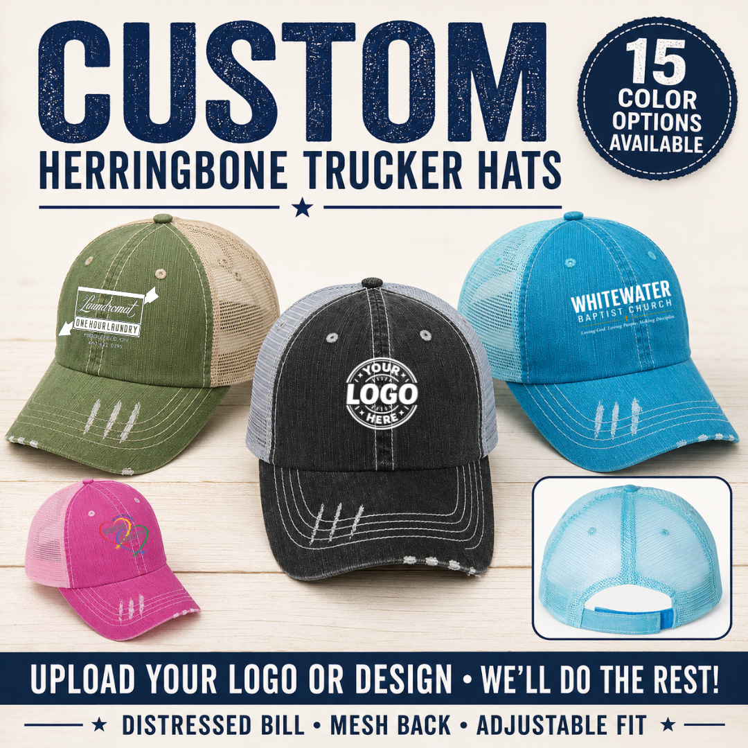 Custom Herringbone Trucker Hat | Distressed Mesh Back Cap