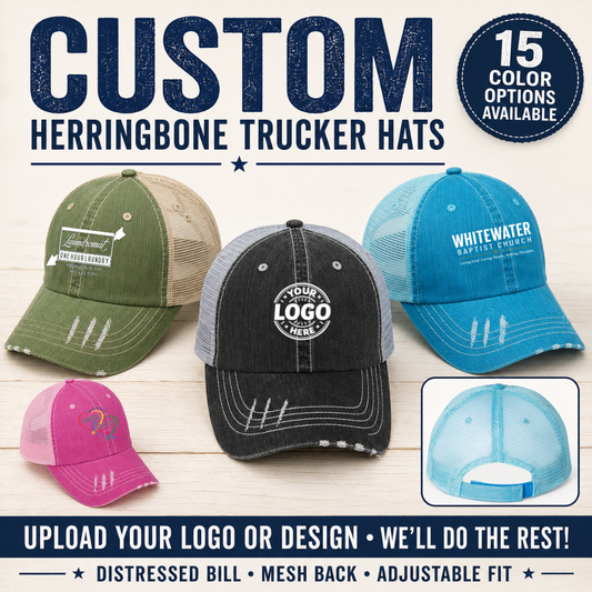 Custom Herringbone Trucker Hat | Distressed Mesh Back Cap