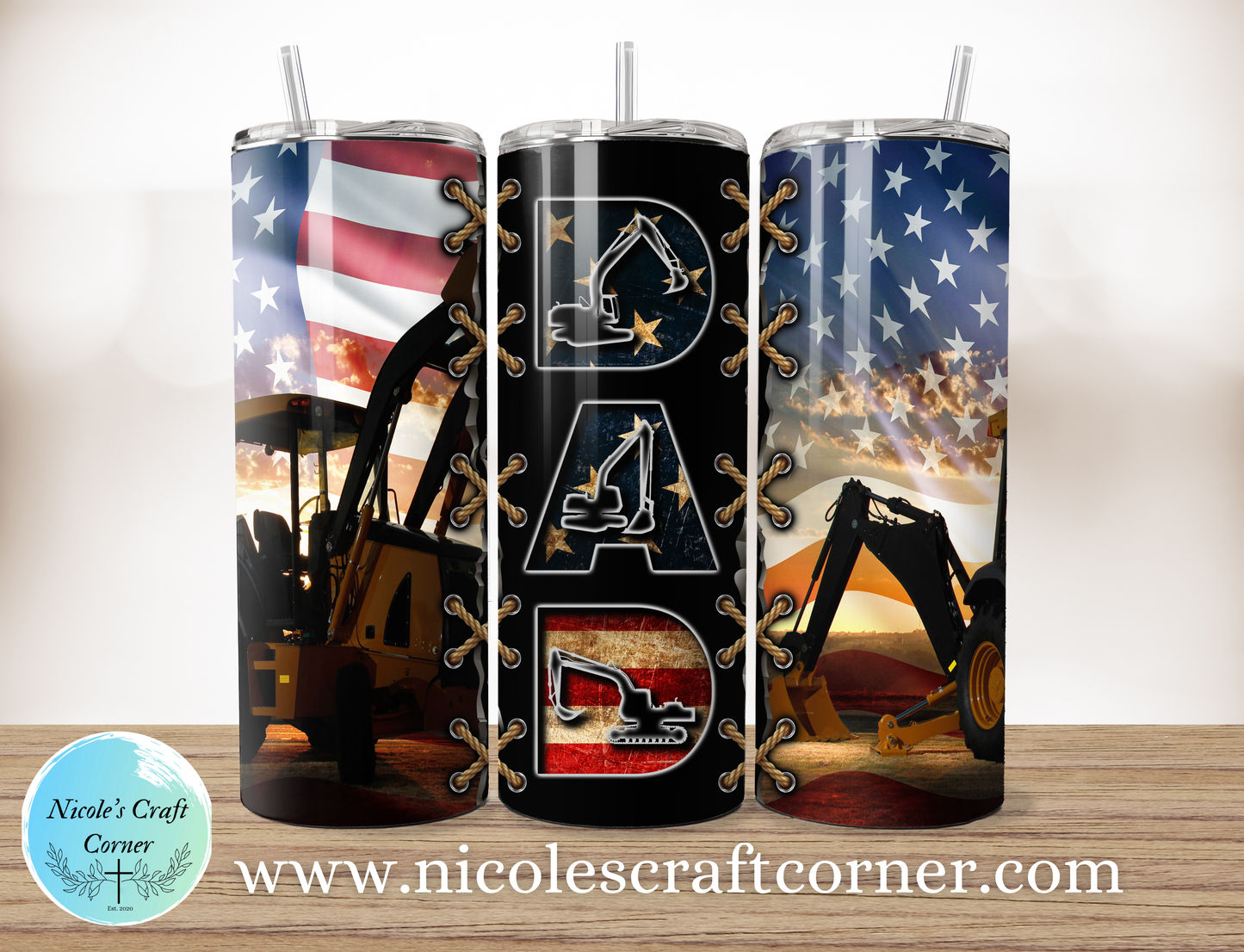 American Flag- Excavator DAD 20oz Skinny Tumbler | Father’s Day Gift for Dad | Stainless Steel Travel Cup