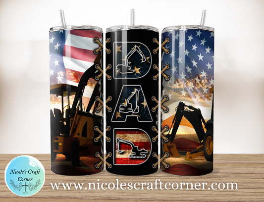 American Flag- Excavator DAD 20oz Skinny Tumbler | Father’s Day Gift for Dad | Stainless Steel Travel Cup