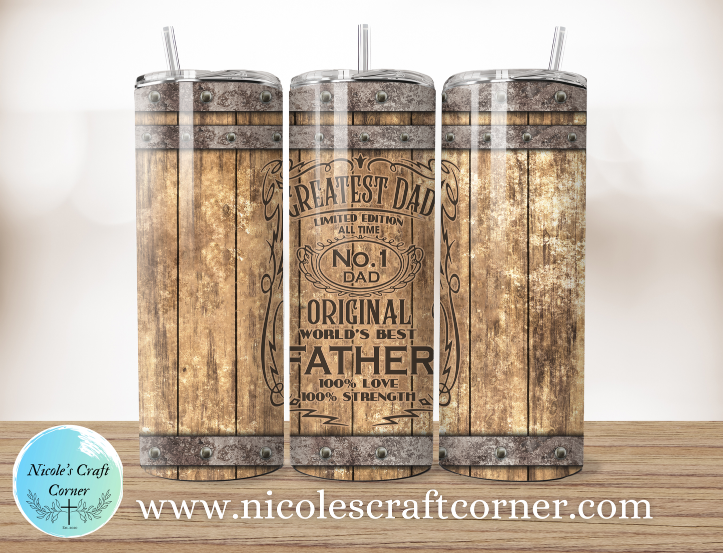 Greatest Dad Limited Edition Rustic Light Wood Barrel 20oz Skinny Tumbler | Father’s Day Gift for Dad | Stainless Steel Travel Cup