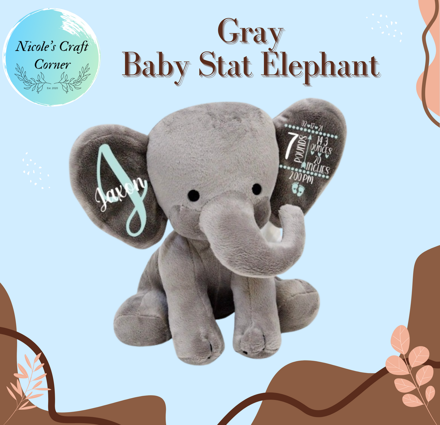 Baby Birth Stat Stuffed Elephants, Pink or Gray