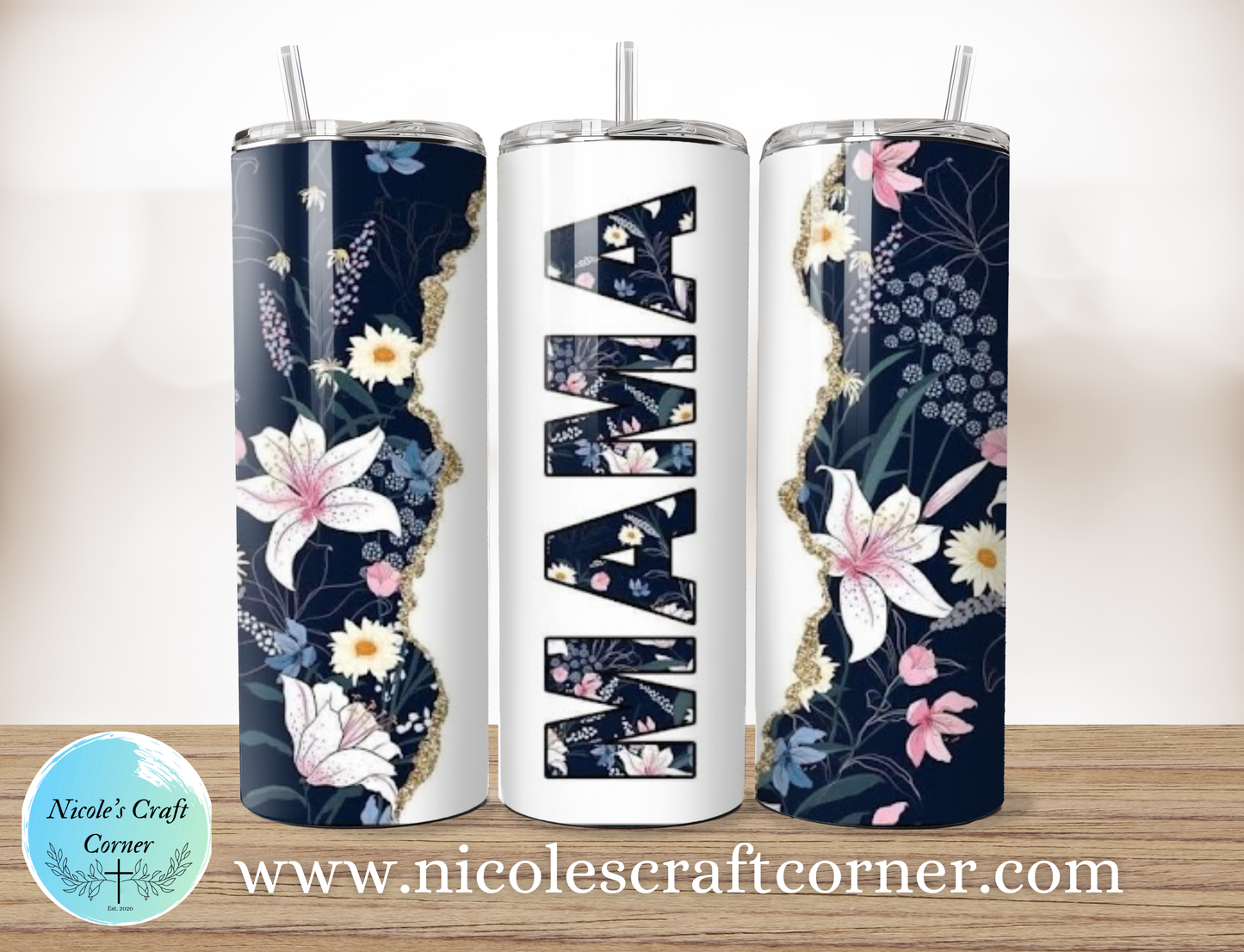 Blue Floral MAMA 20oz Skinny Tumbler Stainless Steel Travel Cup