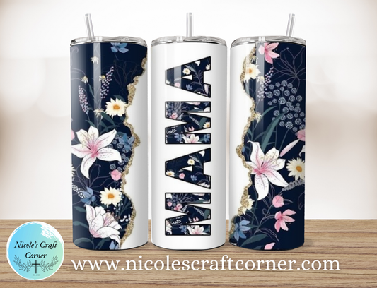 Blue Floral MAMA 20oz Skinny Tumbler Stainless Steel Travel Cup