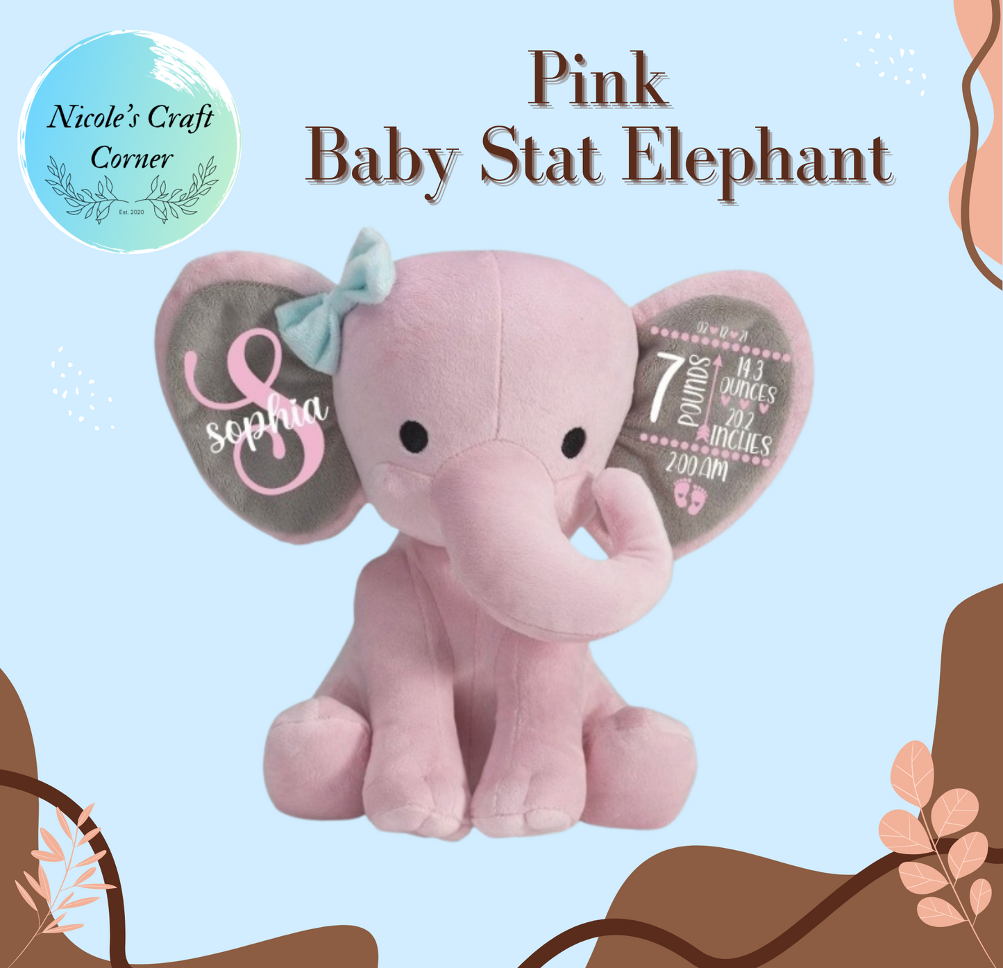 Baby Birth Stat Stuffed Elephants, Pink or Gray