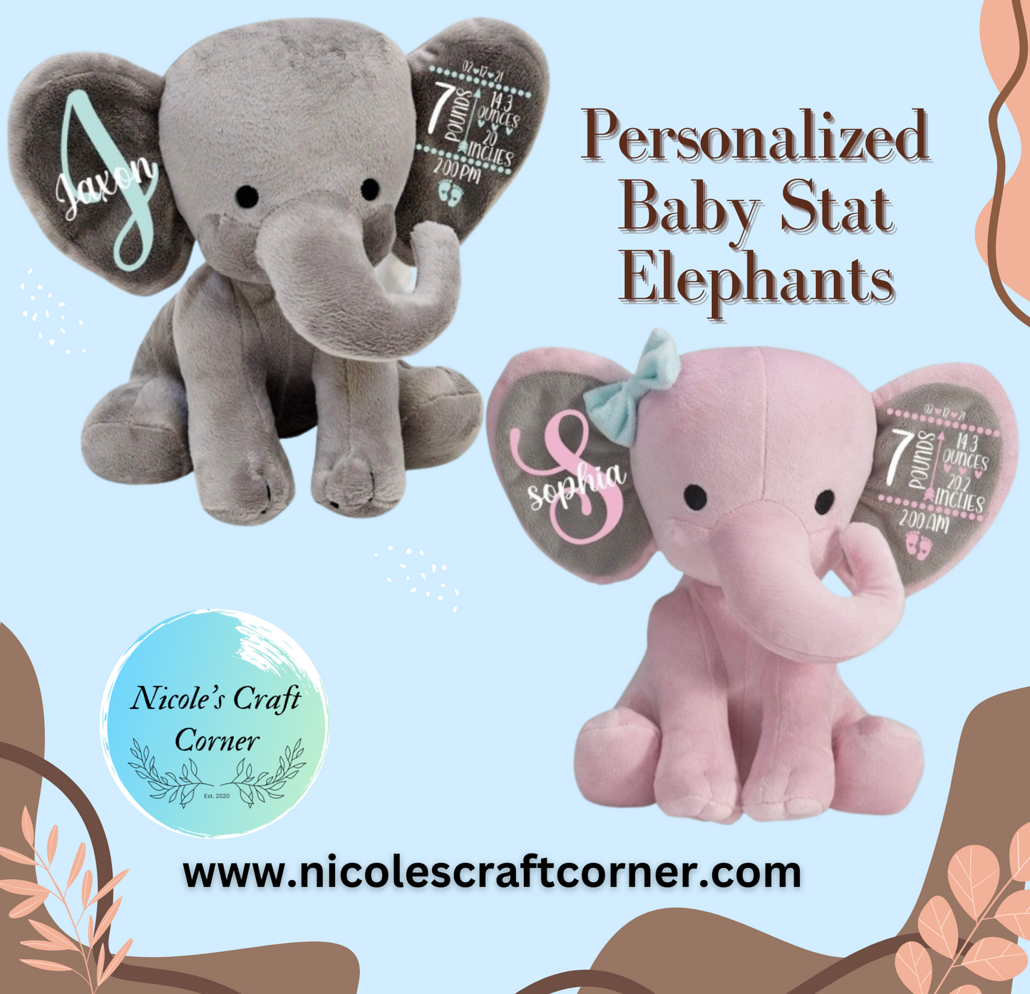 Baby Birth Stat Stuffed Elephants, Pink or Gray