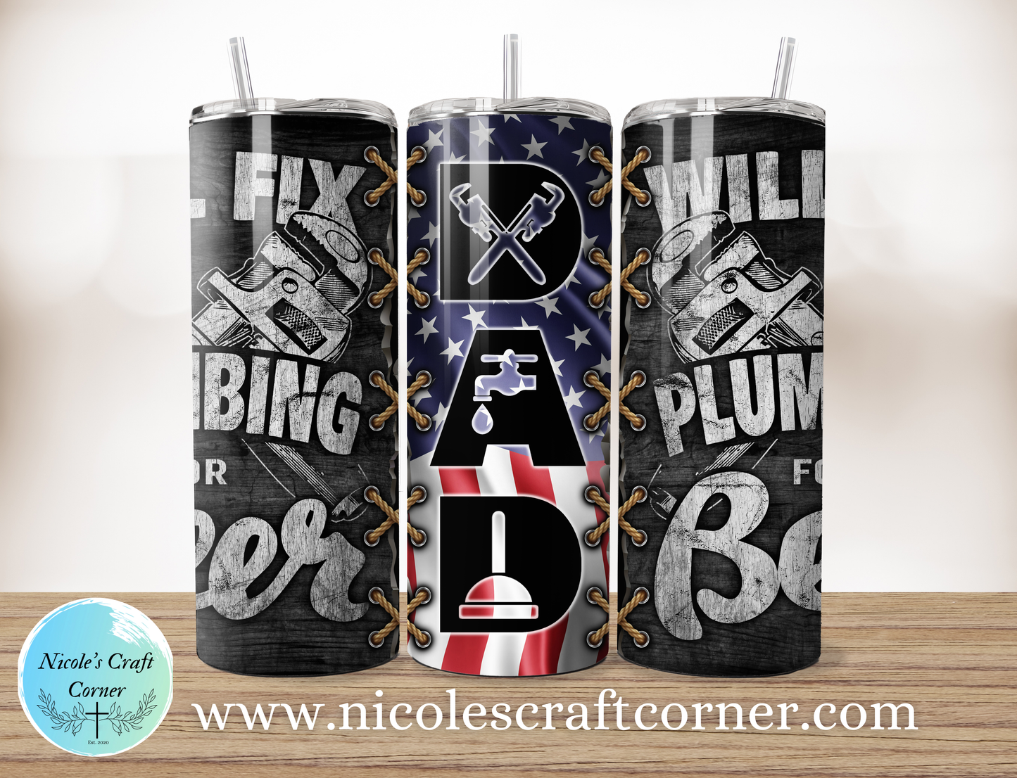 "Will Fix For Beer" Plumber DAD  20oz Skinny Tumbler | Father’s Day Gift for Dad | Stainless Steel Travel Cup