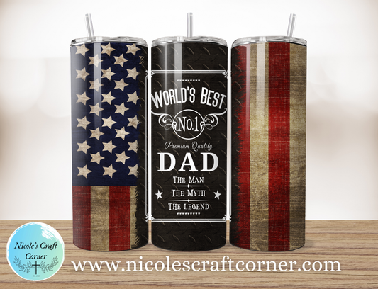 Worlds Best Dad American Flag 20oz Skinny Tumbler | Father’s Day Gift for Dad | Stainless Steel Travel Cup