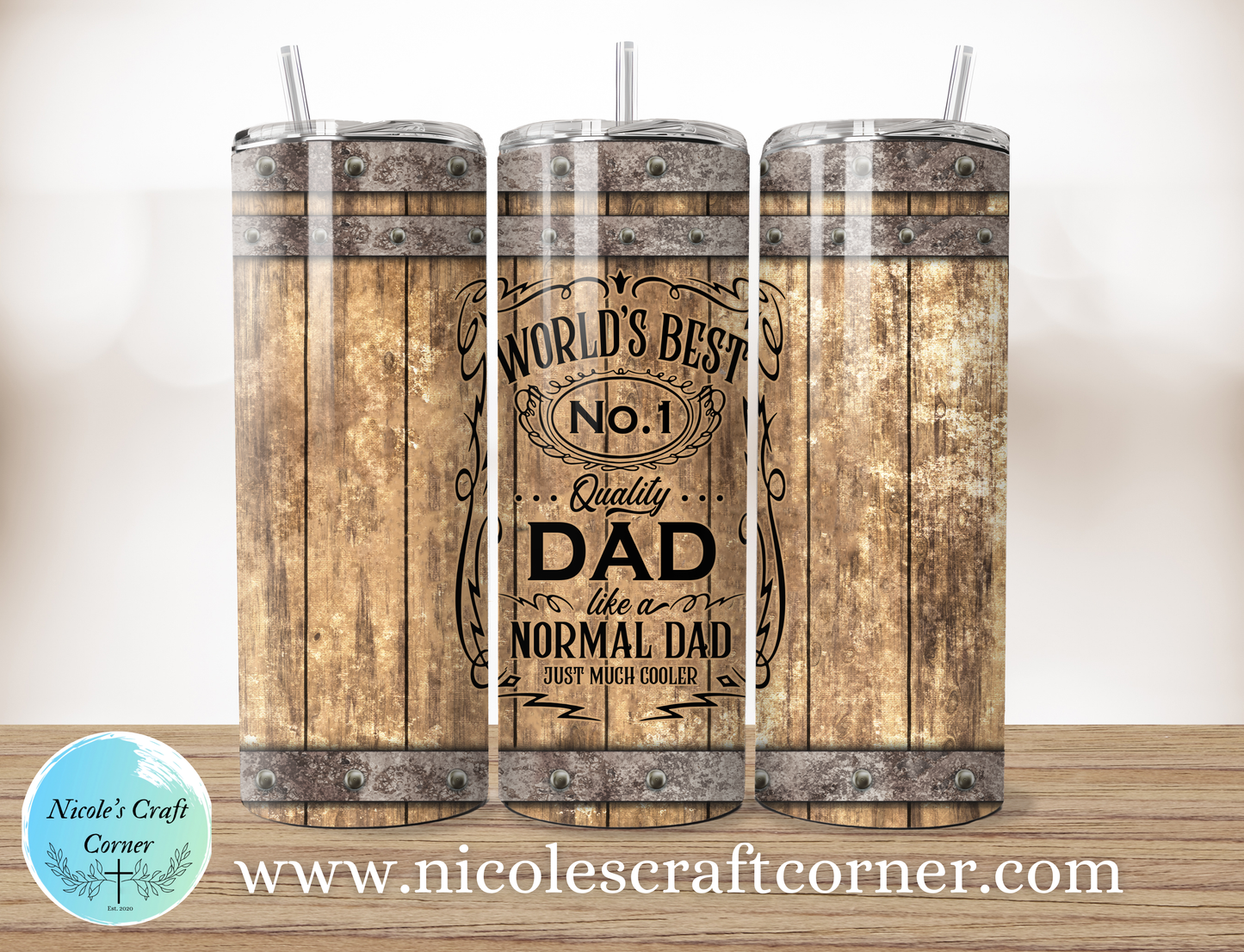 “Worlds Best Dad Like a Normal Dad Just Much Cooler” Rustic Light Wood Barrel 20oz Skinny Tumbler | Father’s Day Gift for Dad | Stainless Steel Travel Cup