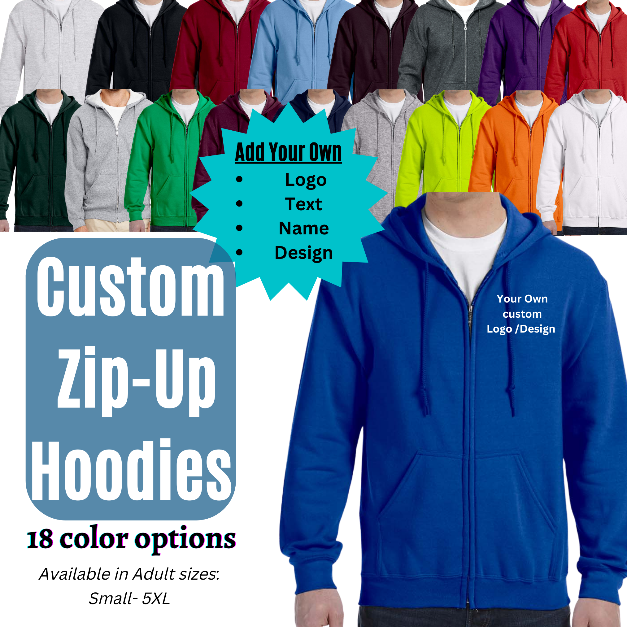 Custom printed top zip up hoodies
